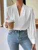 Classic Elegant V Neck Pleated Long Sleeves Solid Color Blouse sold by Allegra K