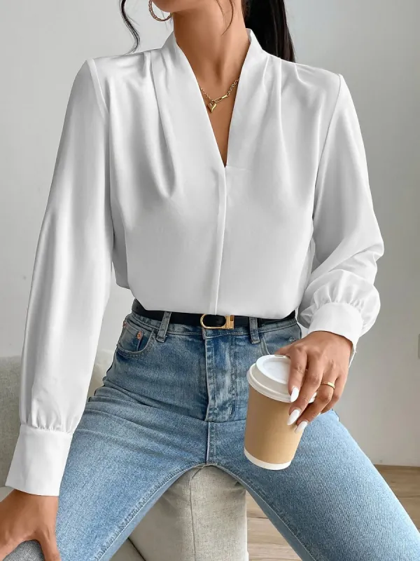 Women's Choker Neck Blouse Long Sleeve Turn Down Collar Work