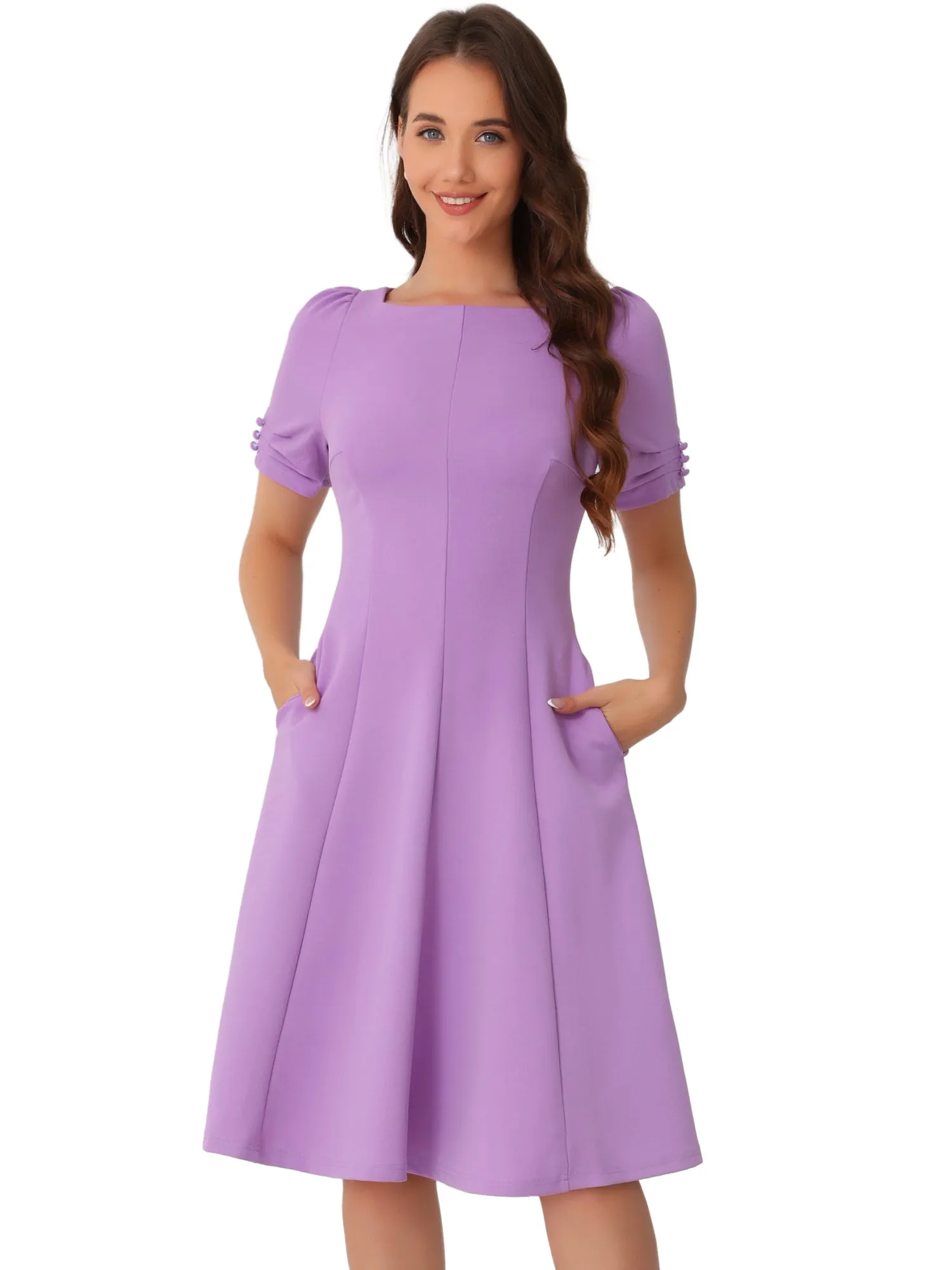 Square Neck Pleated Short Sleeve Pocketed Midi Dress sold by Allegra K product image thumbnail 5