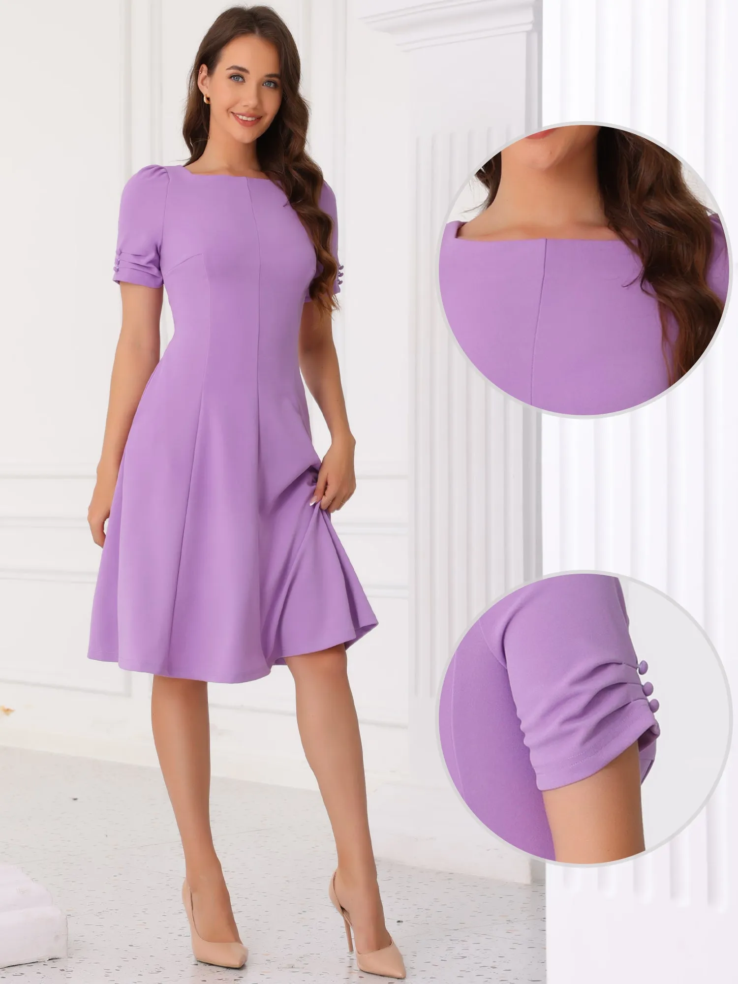 Square Neck Pleated Short Sleeve Pocketed Midi Dress sold by Allegra K product image thumbnail 2