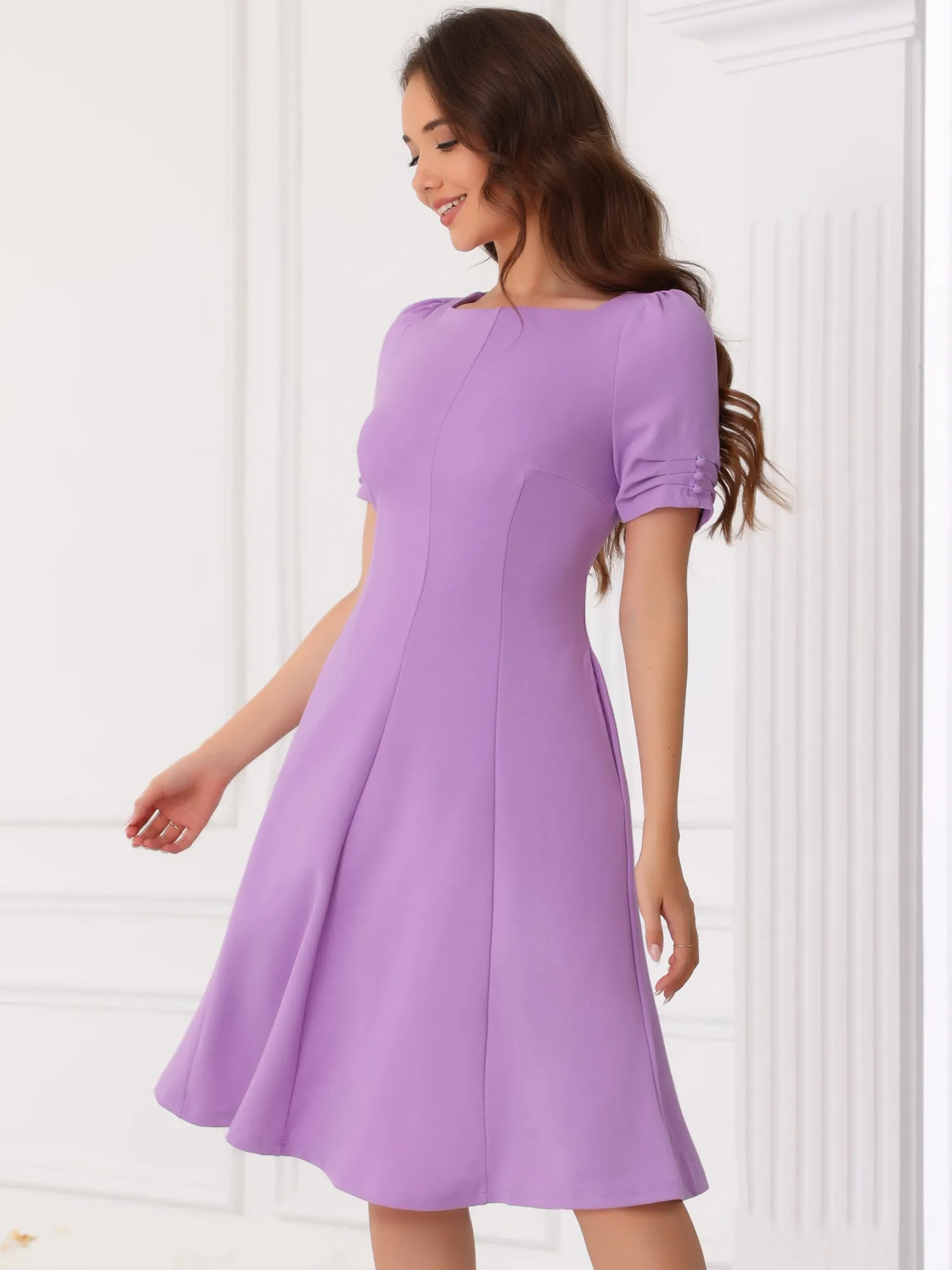 Square Neck Pleated Short Sleeve Pocketed Midi Dress sold by Allegra K