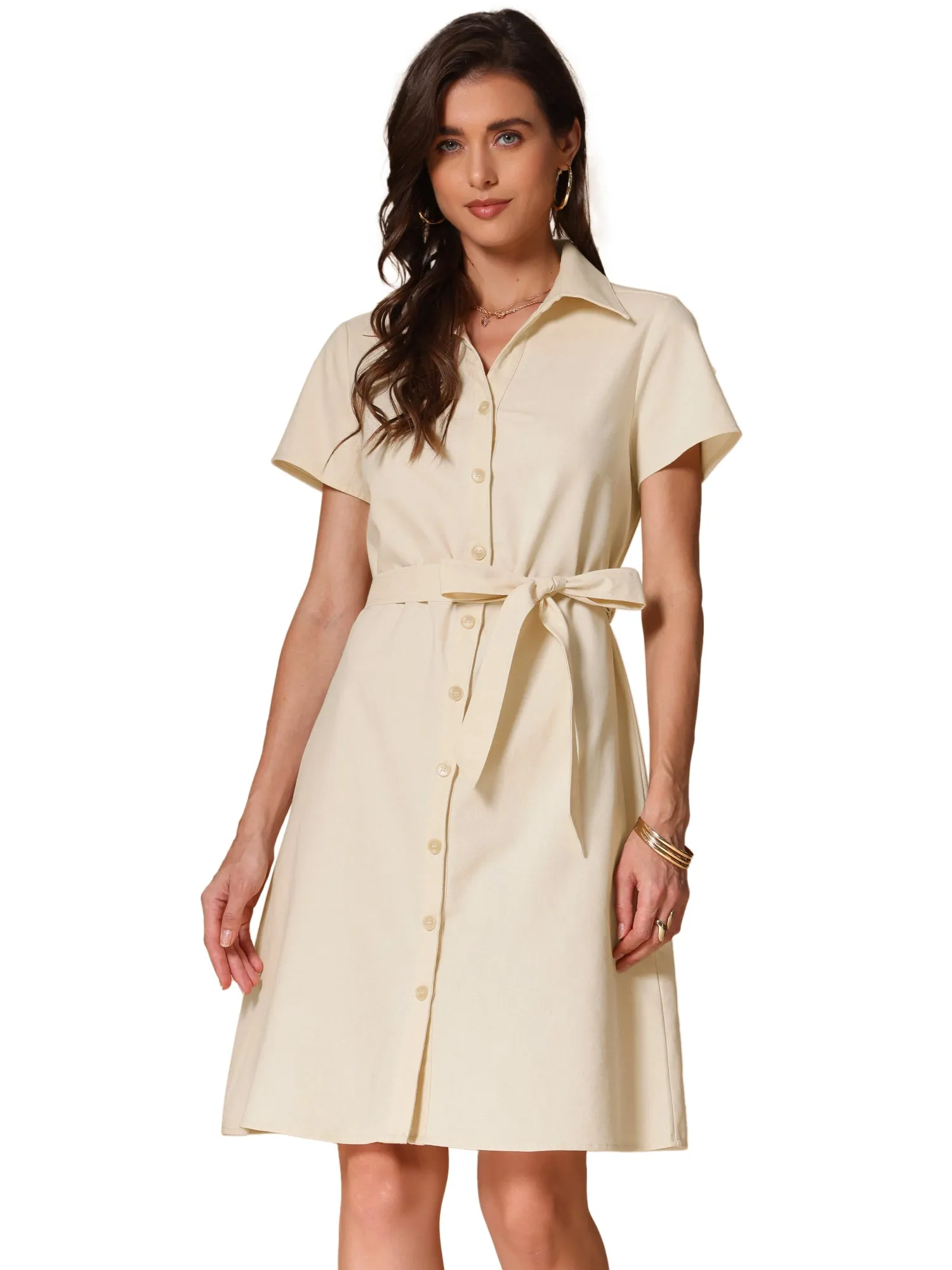 Linen Cotton Short Sleeve Button Down Midi Shirt Dress sold by Allegra K product image thumbnail 5