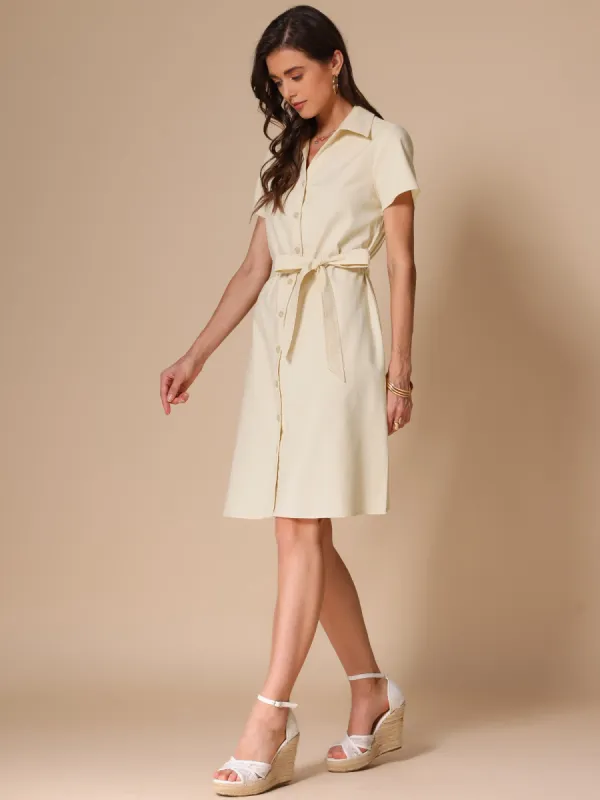 Linen Cotton Short Sleeve Button Down Midi Shirt Dress sold by Allegra K