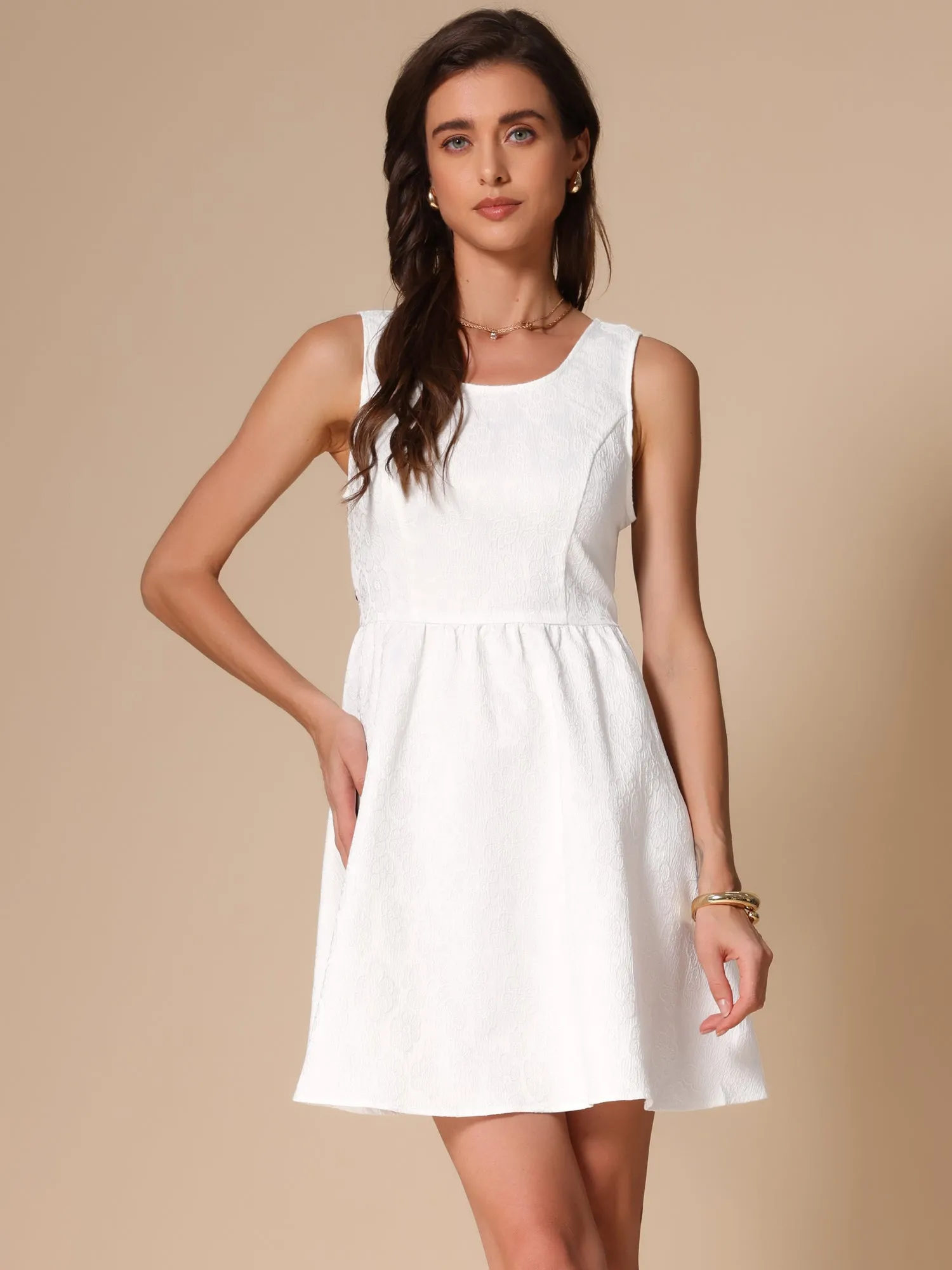 Sleeveless Back Bow Colorblock Textured Skater Dress sold by Allegra K