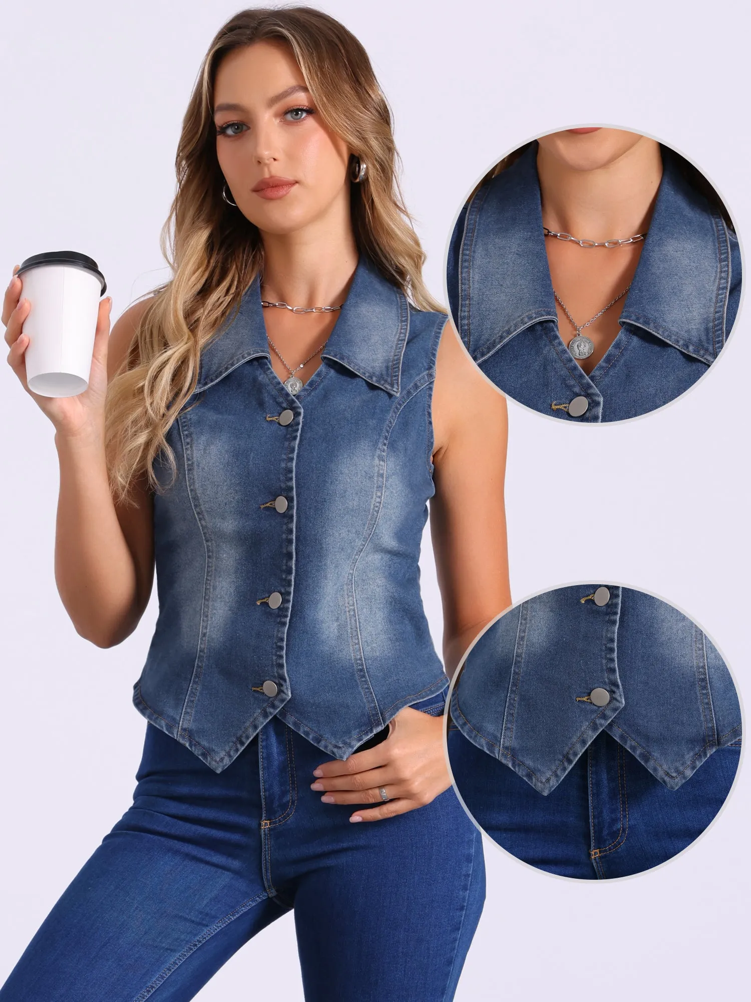 Sleeveless Collared Button Down Denim Vest sold by Allegra K