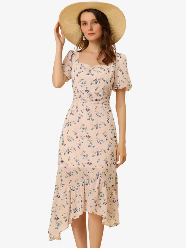 Floral Sweetheart Asymmetric Hem Puff Sleeve Chiffon Midi Dress sold by Allegra K