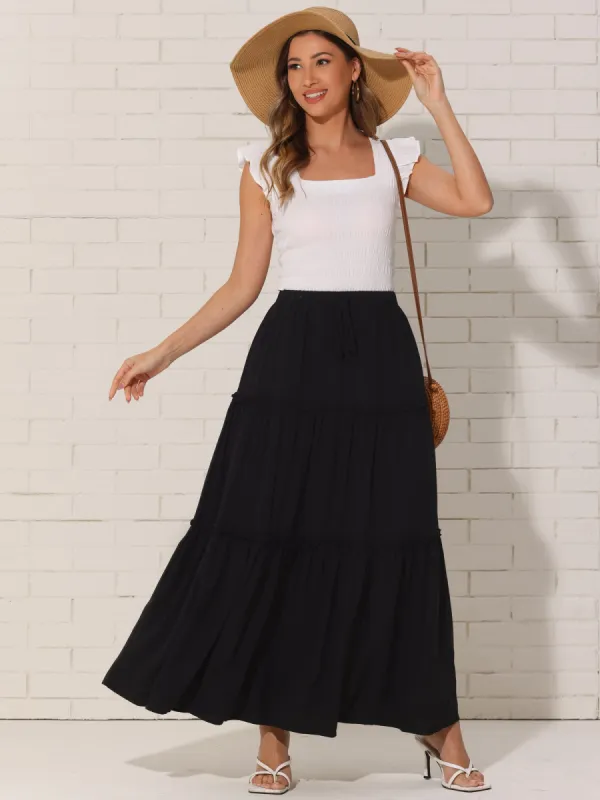 Elastic High Waist Ruched Tiered A-Line Maxi Skirts sold by Allegra K