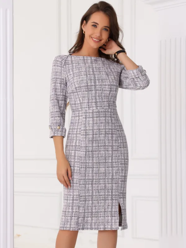 Tweed Boat Neck 3/4 Sleeve Plaid Midi Sheath Dress sold by Allegra K