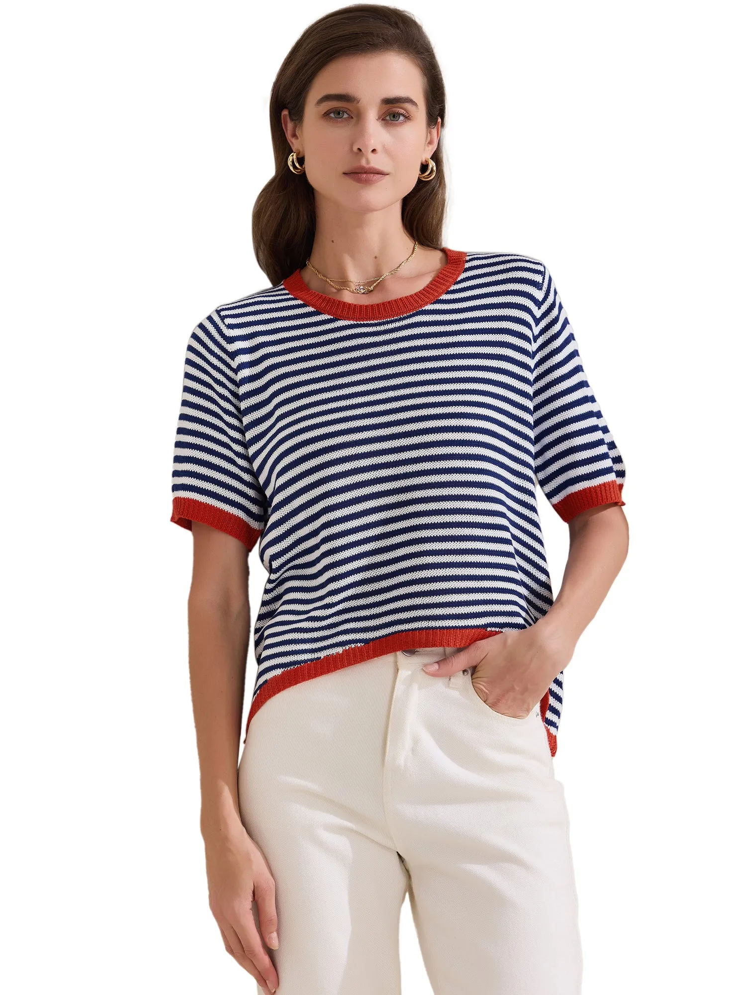 Colorblock Striped Short Sleeve Knitted Top sold by Allegra K product image thumbnail 5