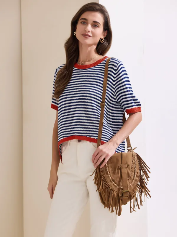 Colorblock Striped Short Sleeve Knitted Top sold by Allegra K