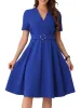 V Neck Short Sleeve Solid Color A-Line Midi Dress sold by Allegra K