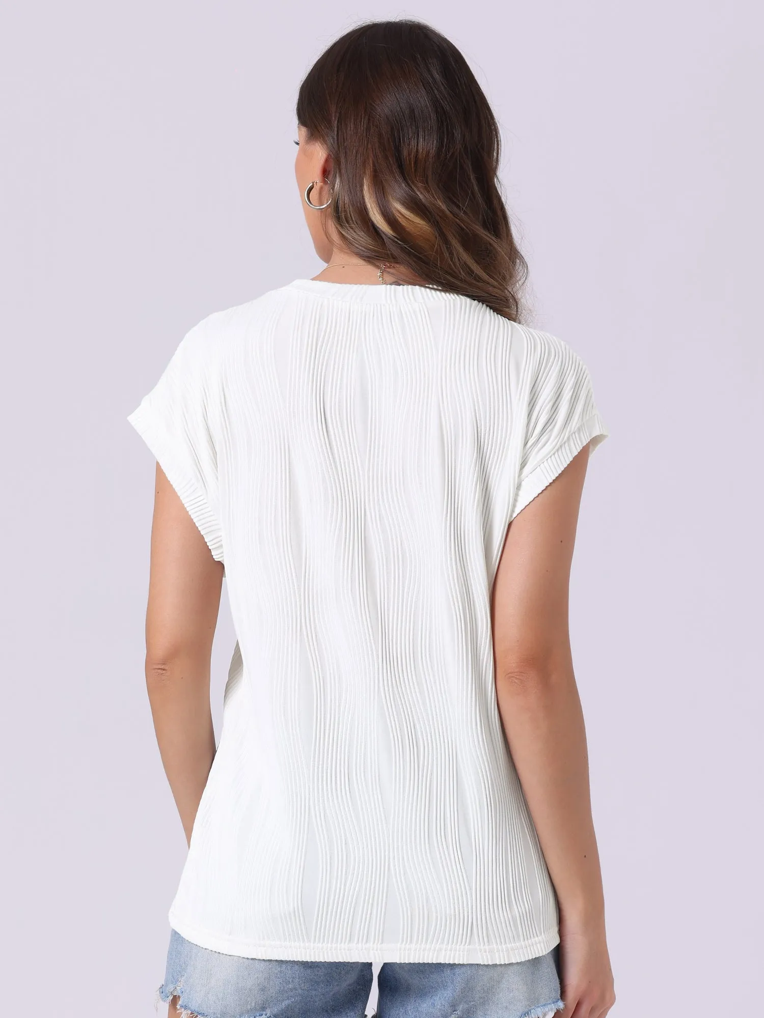 Textured Cap Sleeve Crew Neck Solid Color Blouse sold by Allegra K product image thumbnail 3