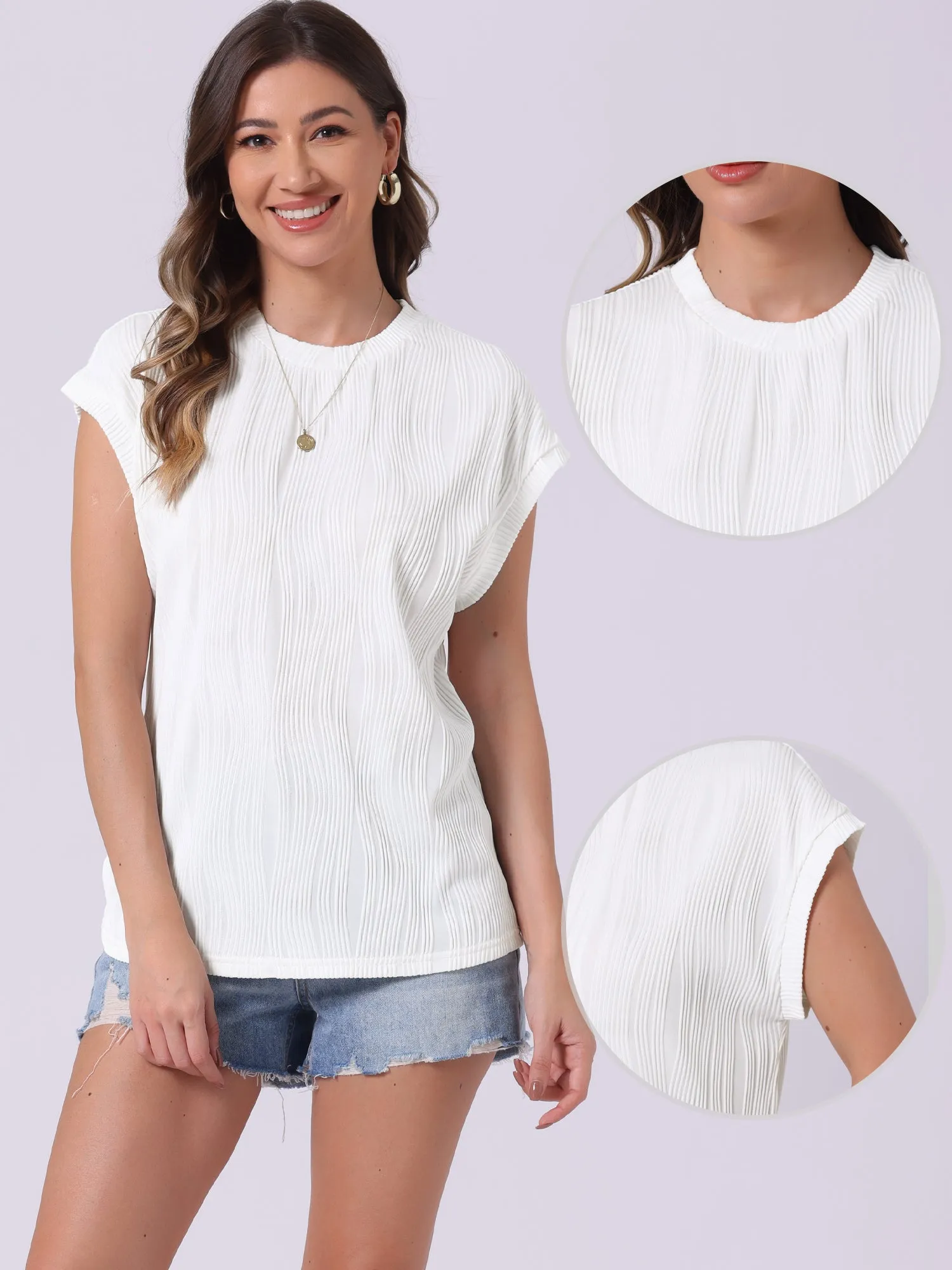 Textured Cap Sleeve Crew Neck Solid Color Blouse sold by Allegra K product image thumbnail 2