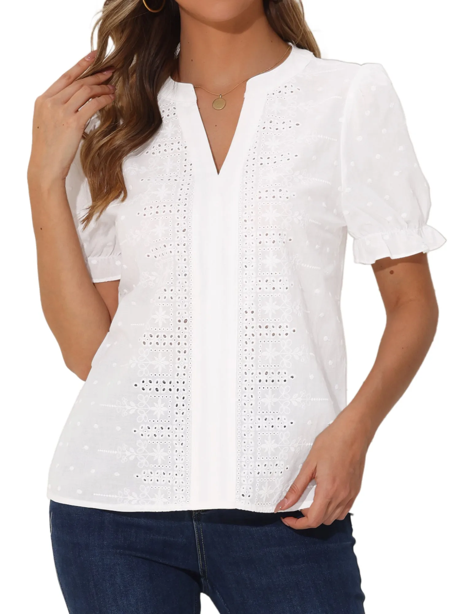 Eyelet Swiss Dots Puff Sleeves Notch Neck Blouse sold by Allegra K product image thumbnail 5