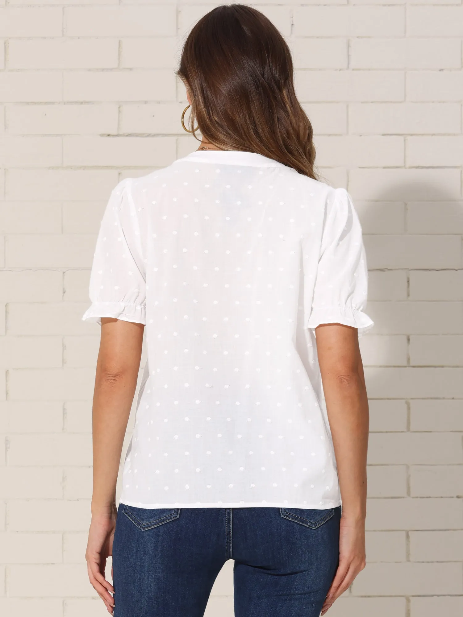 Eyelet Swiss Dots Puff Sleeves Notch Neck Blouse sold by Allegra K product image thumbnail 2