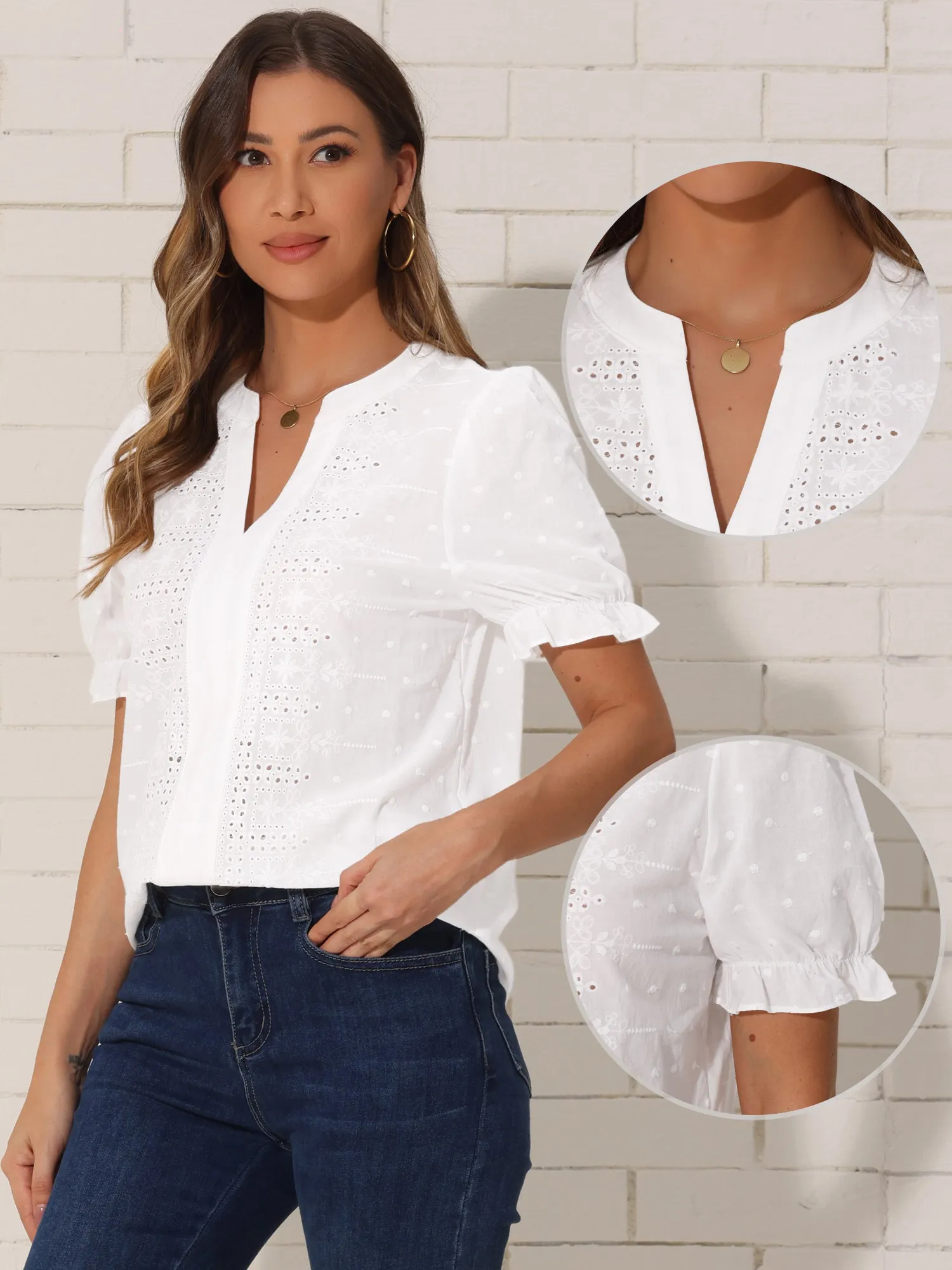 Eyelet Swiss Dots Puff Sleeves Notch Neck Blouse sold by Allegra K