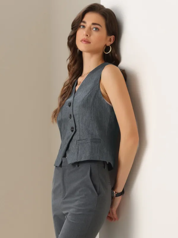 V Neck Button Down Sleeveless Cropped Vest Waistcoat sold by Allegra K