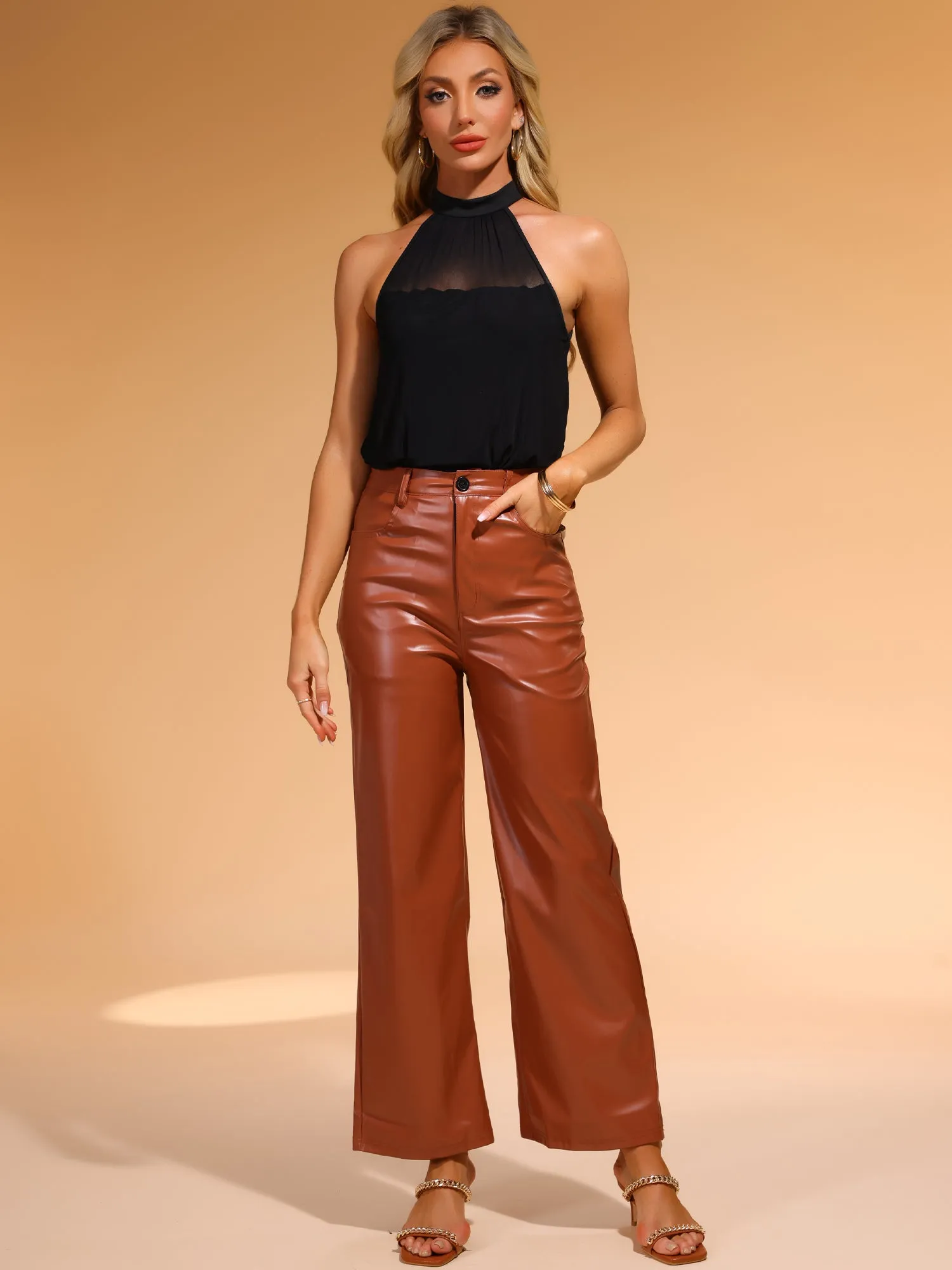 Halter Neck Sleeveless Mesh Sheer Bodysuit Tops sold by Allegra K