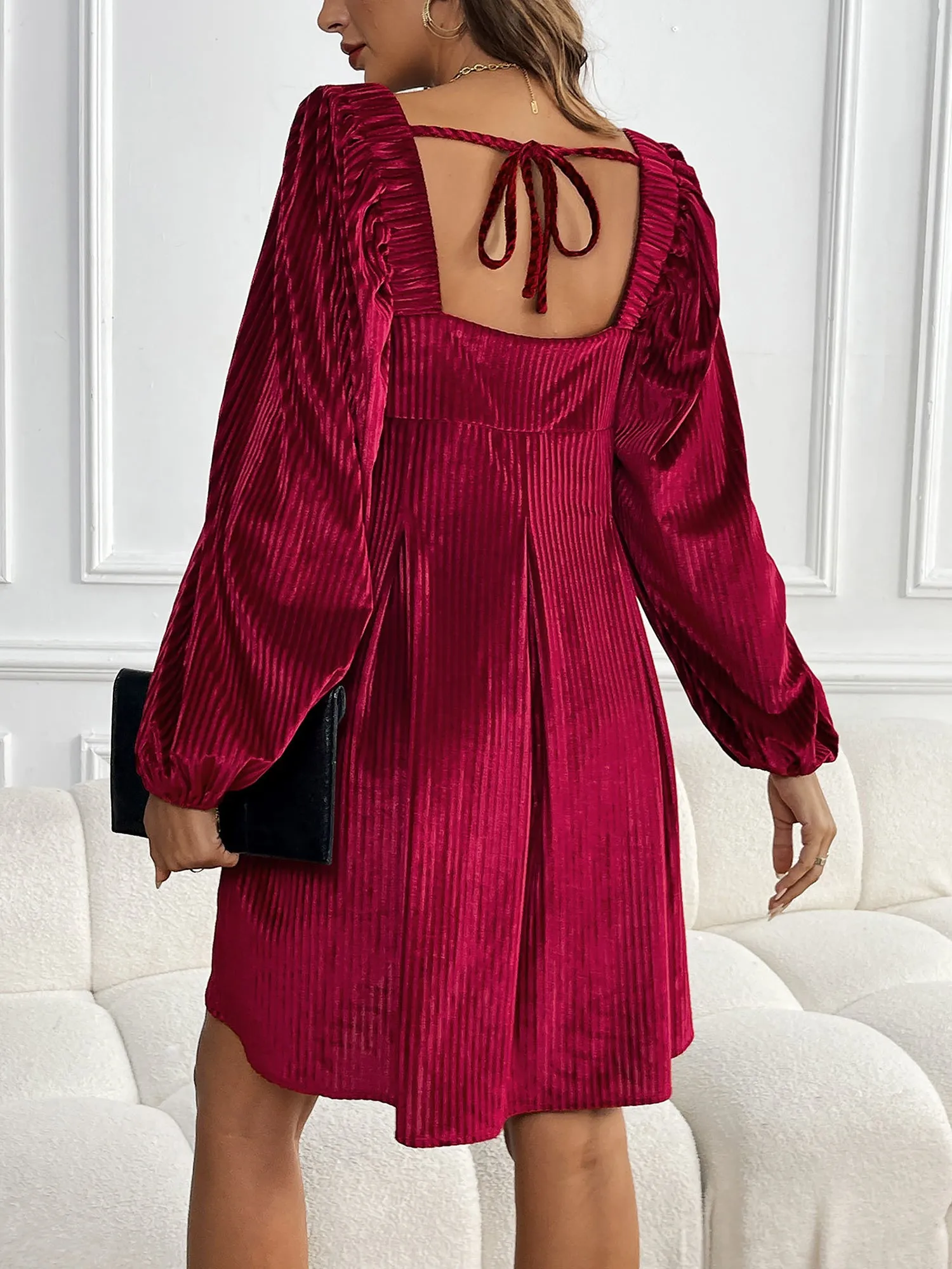 Velvet Textured Square Neck Pocketed Mini Dress sold by Allegra K product image thumbnail 2
