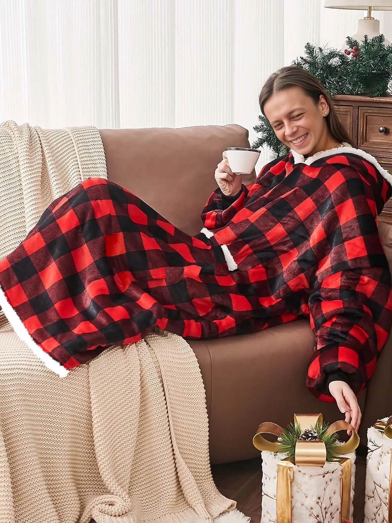 Long Sleeves Printed Pocketed Hooded Wearable Blanket sold by Allegra K