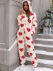 Heart Print Long Sleeves Hooded Pocketed Plush Jumpsuit sold by Allegra K
