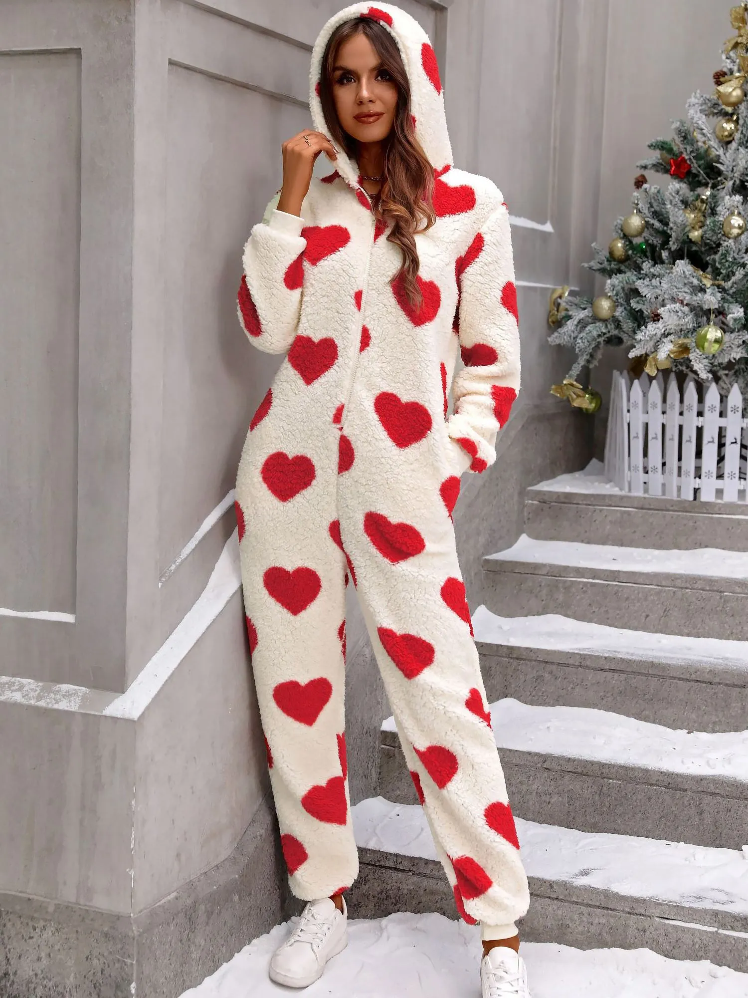 Heart Print Long Sleeves Hooded Pocketed Plush Jumpsuit sold by Allegra K product image thumbnail 5