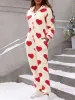 Heart Print Long Sleeves Hooded Pocketed Plush Jumpsuit sold by Allegra K