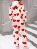 Heart Print Long Sleeves Hooded Pocketed Plush Jumpsuit sold by Allegra K