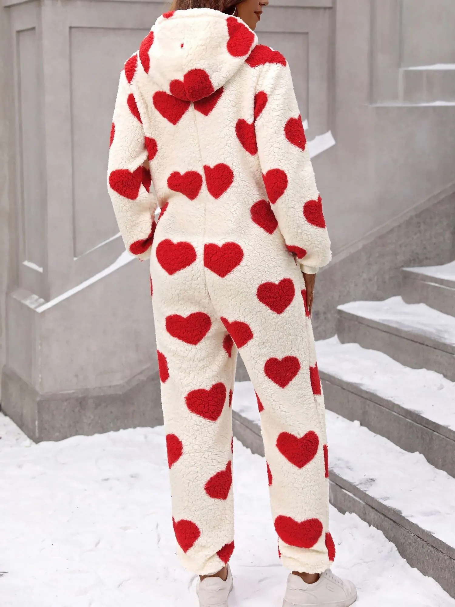 Heart Print Long Sleeves Hooded Pocketed Plush Jumpsuit sold by Allegra K product image thumbnail 2