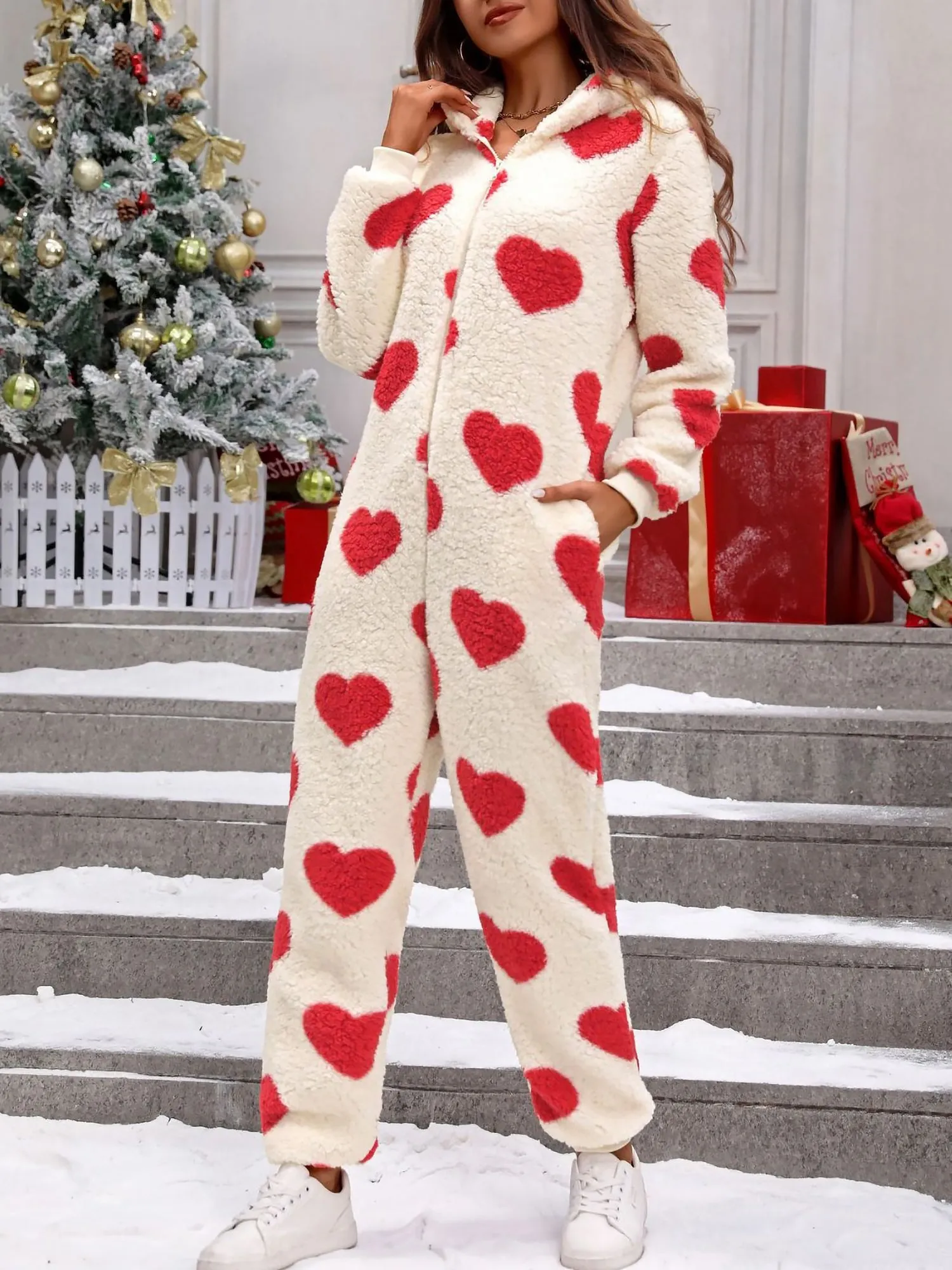 Heart Print Long Sleeves Hooded Pocketed Plush Jumpsuit sold by Allegra K
