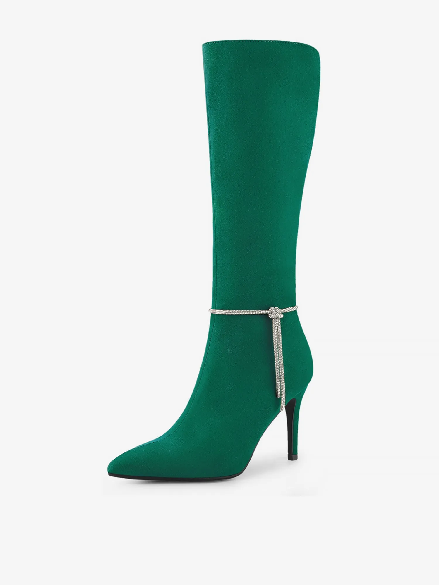 Rhinestone Crystal Chain Pointed Toe Stiletto Heel Knee High Boots sold by Allegra K