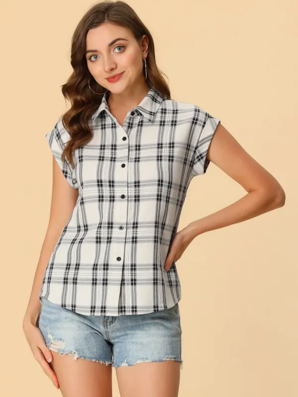 Summer Plaid Tops Short Sleeve Button Down Shirt sold by Allegra K