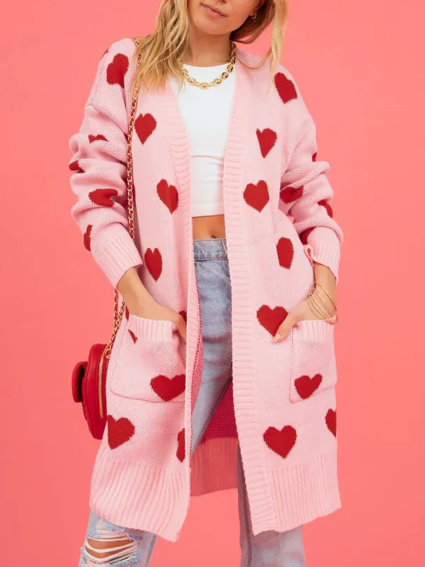 Heart Pattern Pocketed Mid Length Sweater Cardigan sold by Allegra K