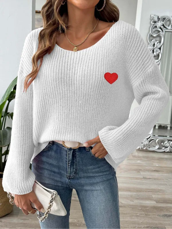 Heart Graphic Long Sleeves Pullover Knitted Sweater sold by Allegra K