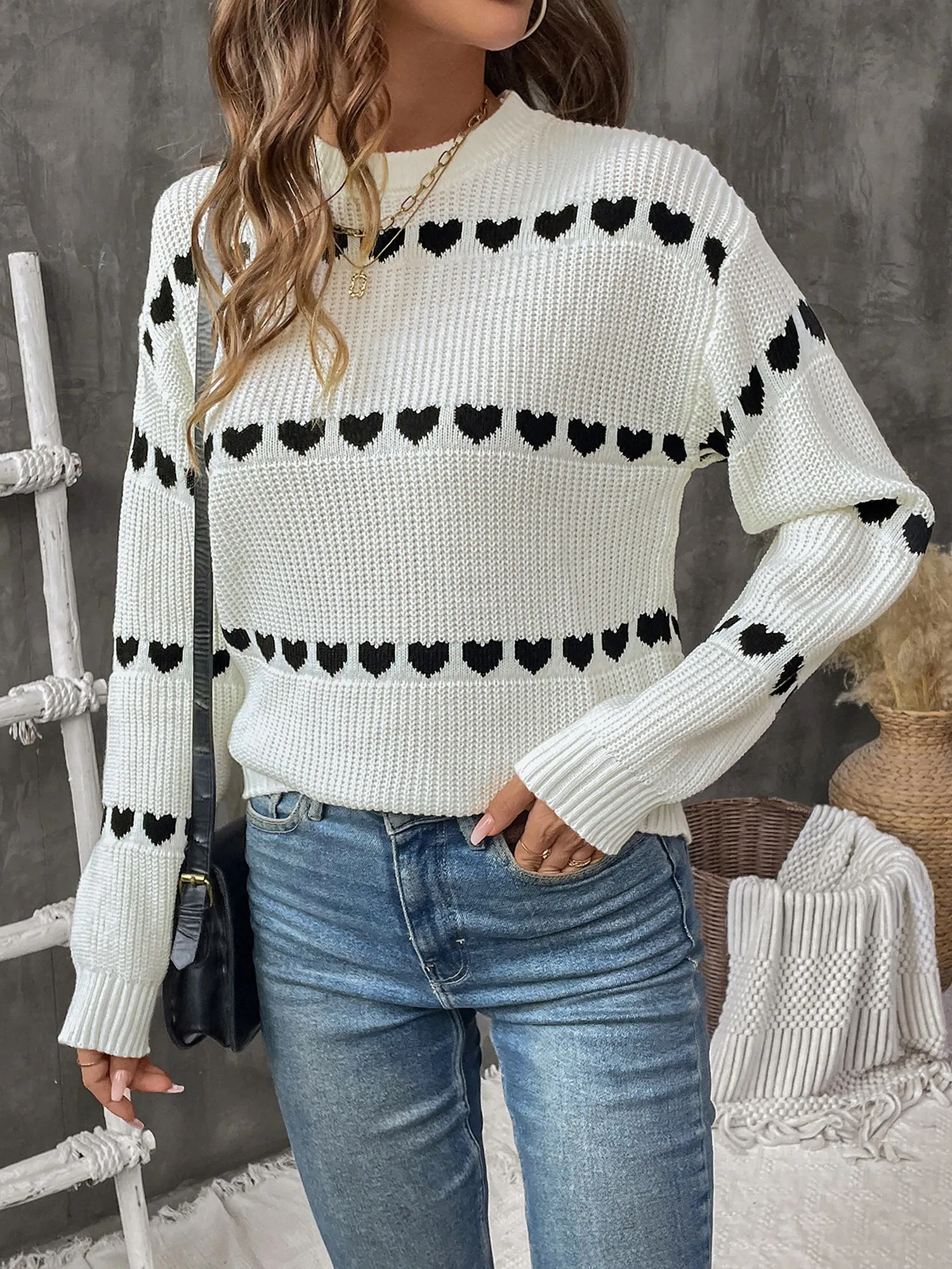 Long Sleeve Round Neck Heart Pattern Sweater sold by Allegra K product image thumbnail 4