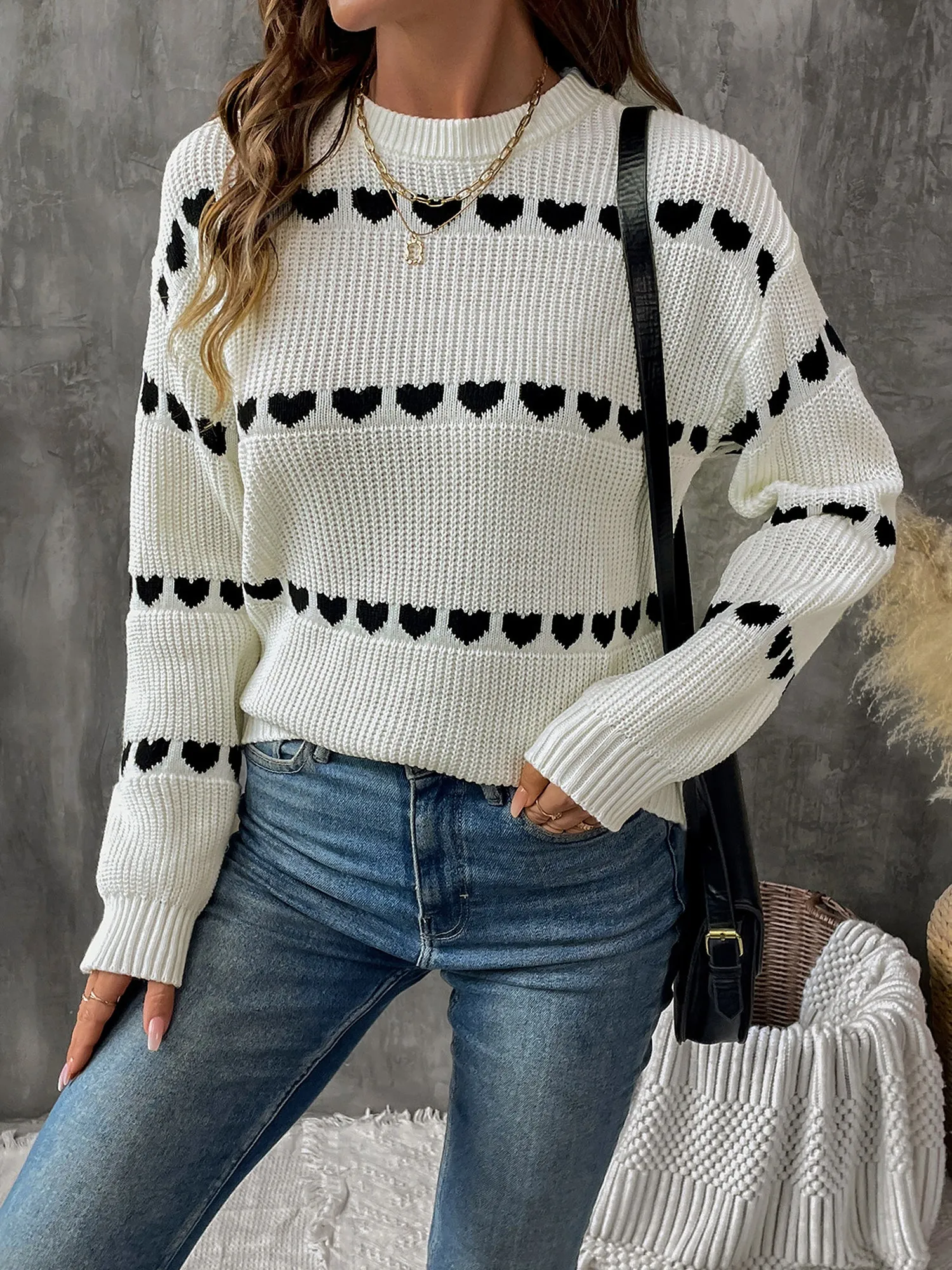 Long Sleeve Round Neck Heart Pattern Sweater sold by Allegra K product image thumbnail 5