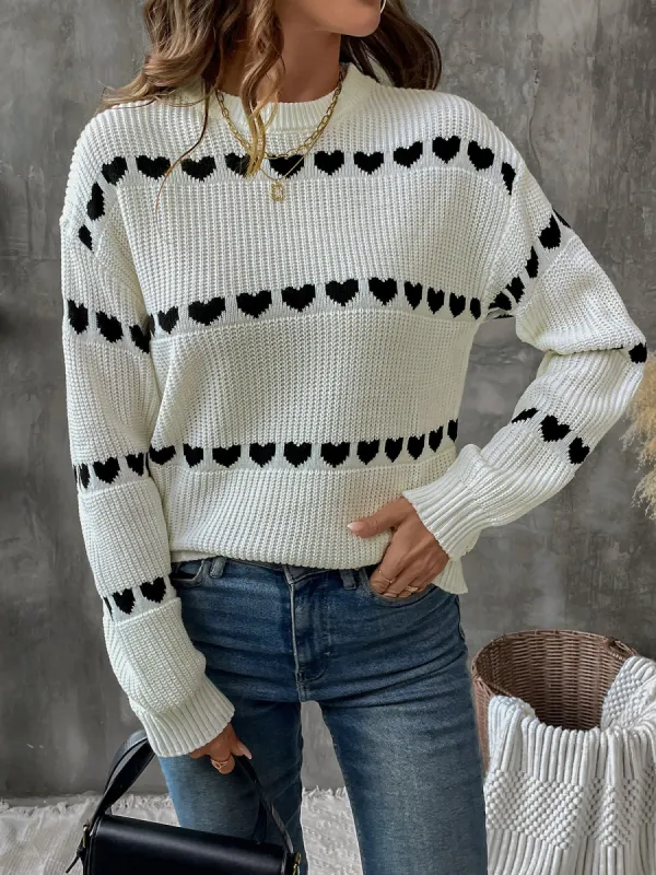 Long Sleeve Round Neck Heart Pattern Sweater sold by Allegra K