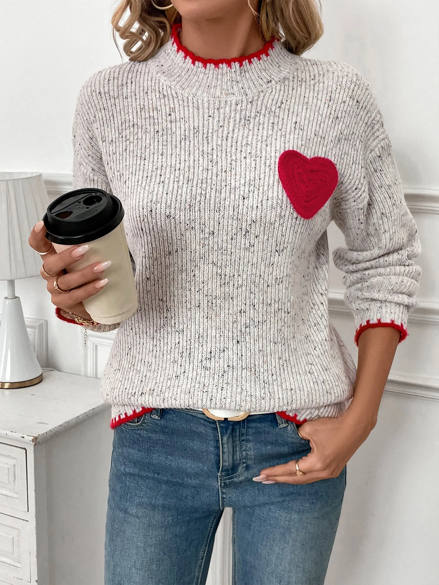 Mock Neck Long Sleeves Heart Knitted Sweater sold by Allegra K product image thumbnail 2