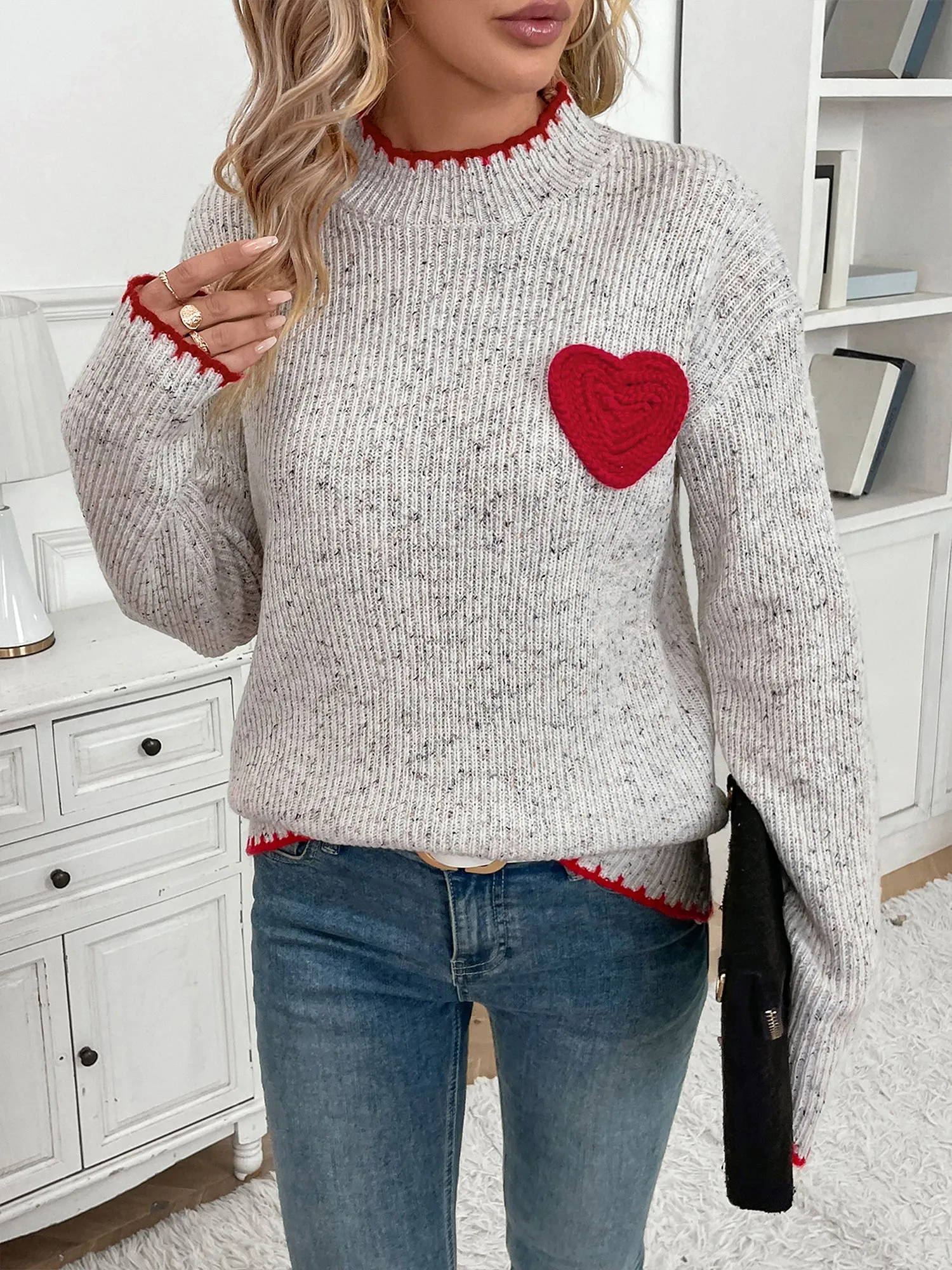 Mock Neck Long Sleeves Heart Knitted Sweater sold by Allegra K product image thumbnail 5