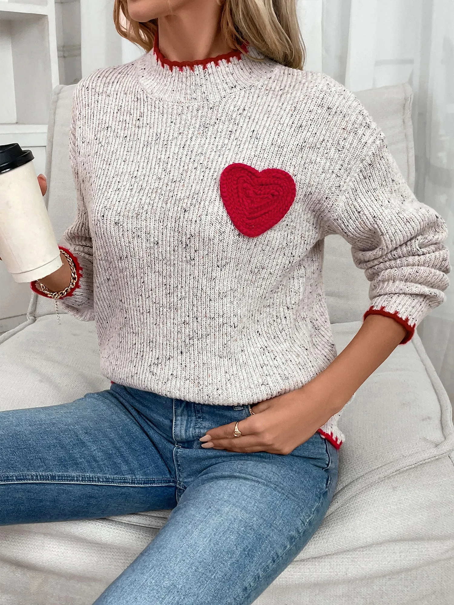 Mock Neck Long Sleeves Heart Knitted Sweater sold by Allegra K product image thumbnail 3