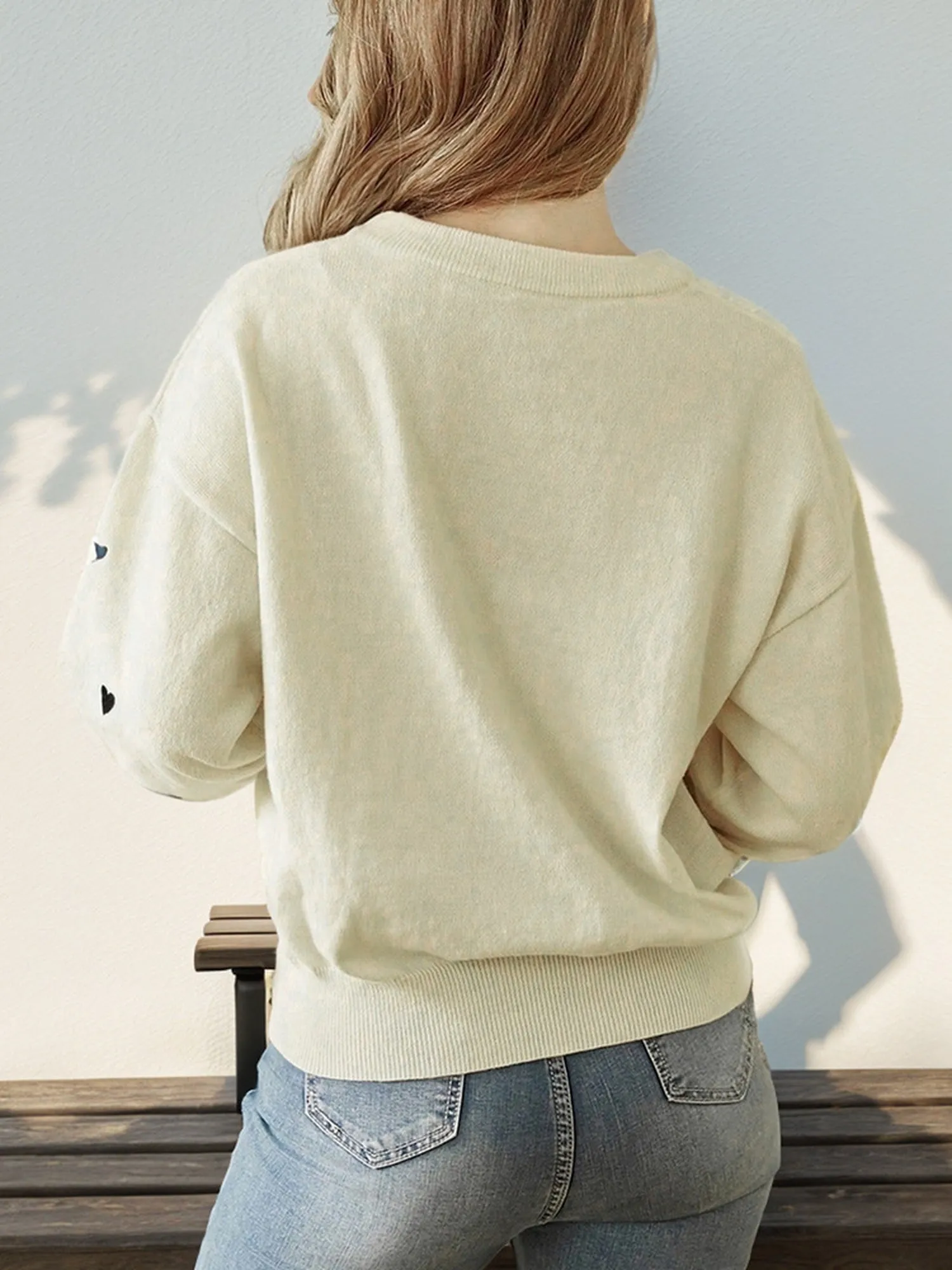 Heart Print Long Sleeves Round Neck Knitted Sweater sold by Allegra K product image thumbnail 3
