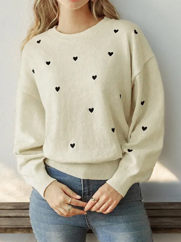 Heart Print Long Sleeves Round Neck Knitted Sweater sold by Allegra K