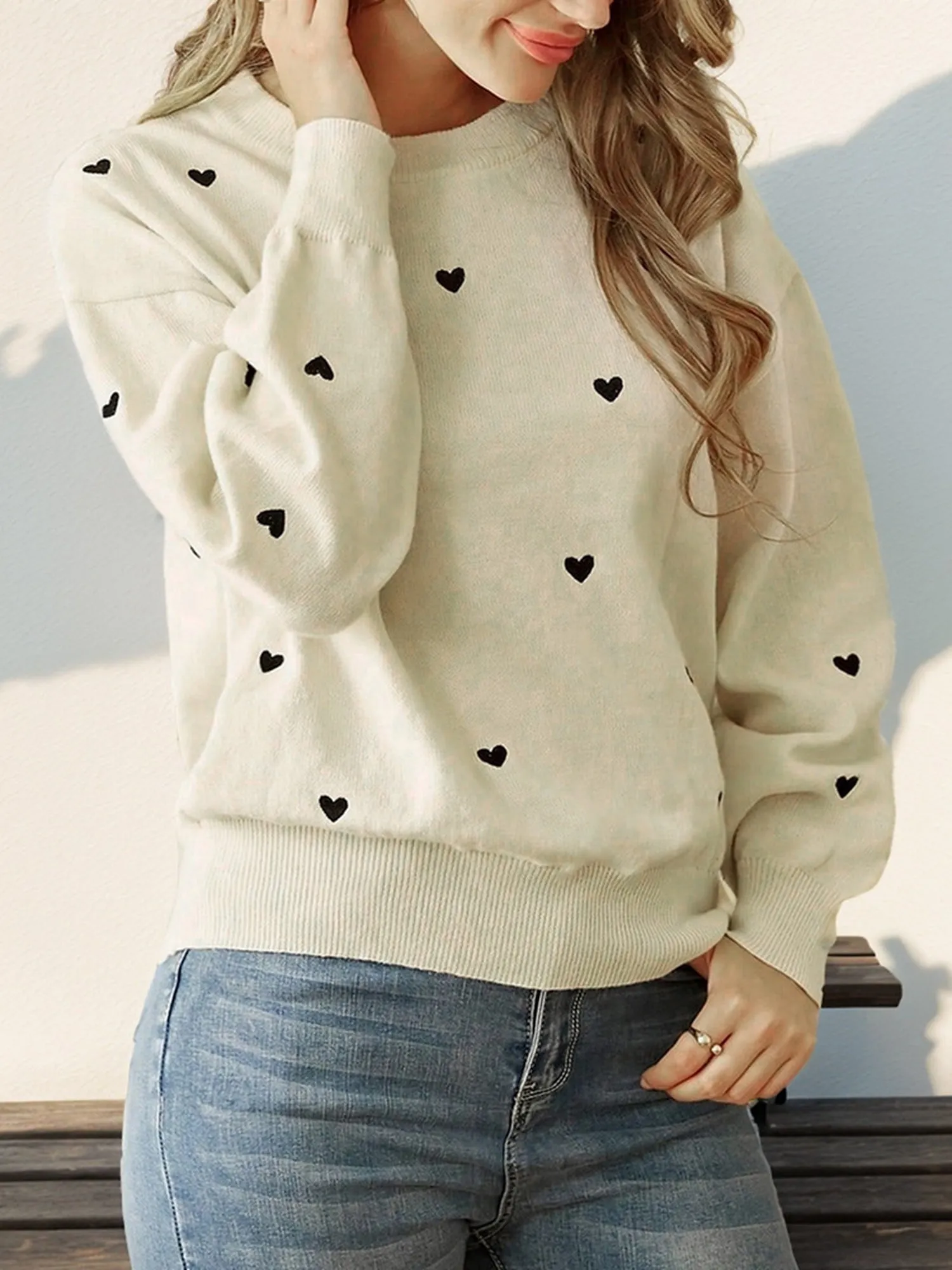 Heart Print Long Sleeves Round Neck Knitted Sweater sold by Allegra K product image thumbnail 2
