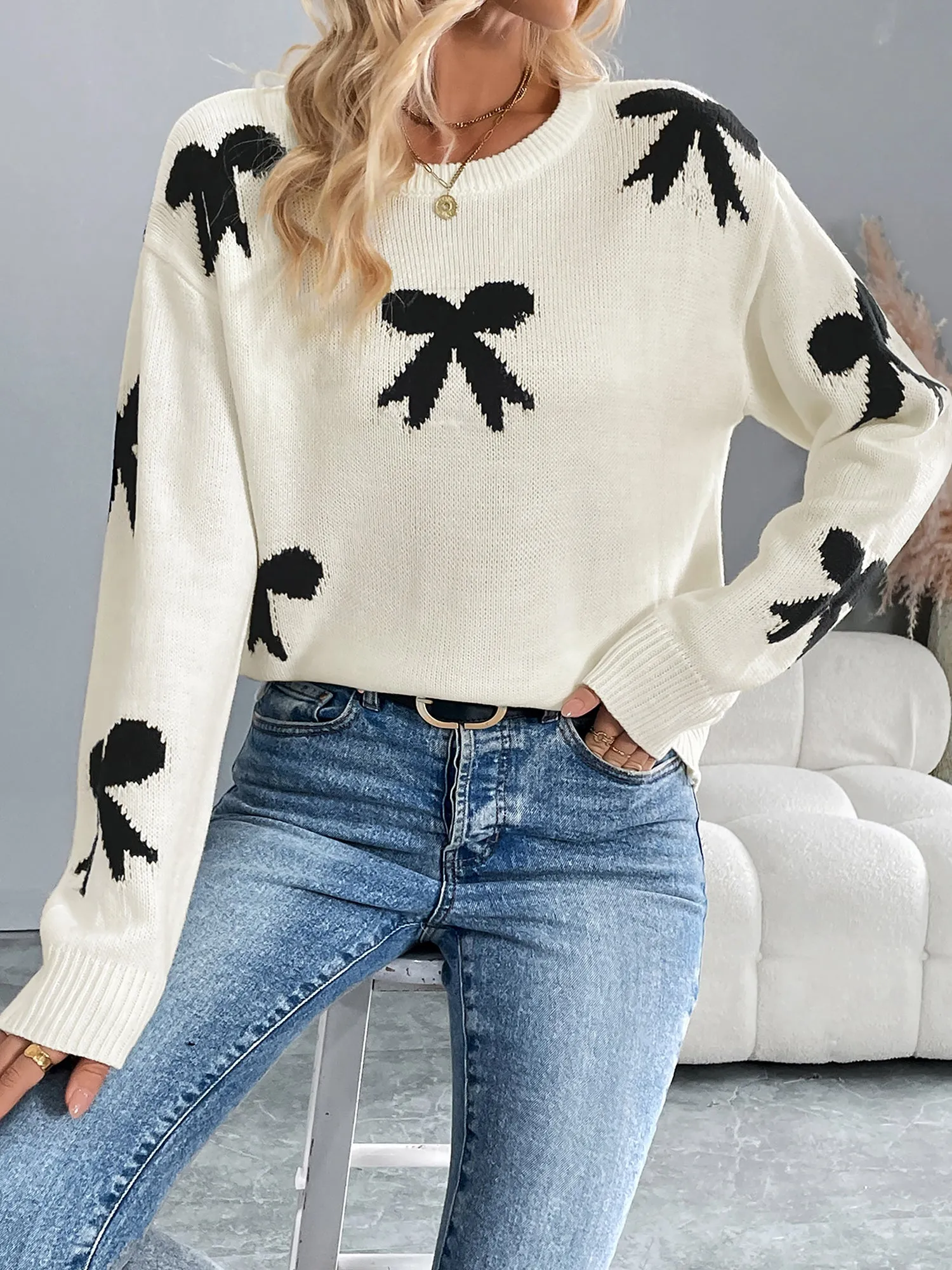 Round Neck Bow Long Sleeves Knitted Sweater sold by Allegra K product image thumbnail 4