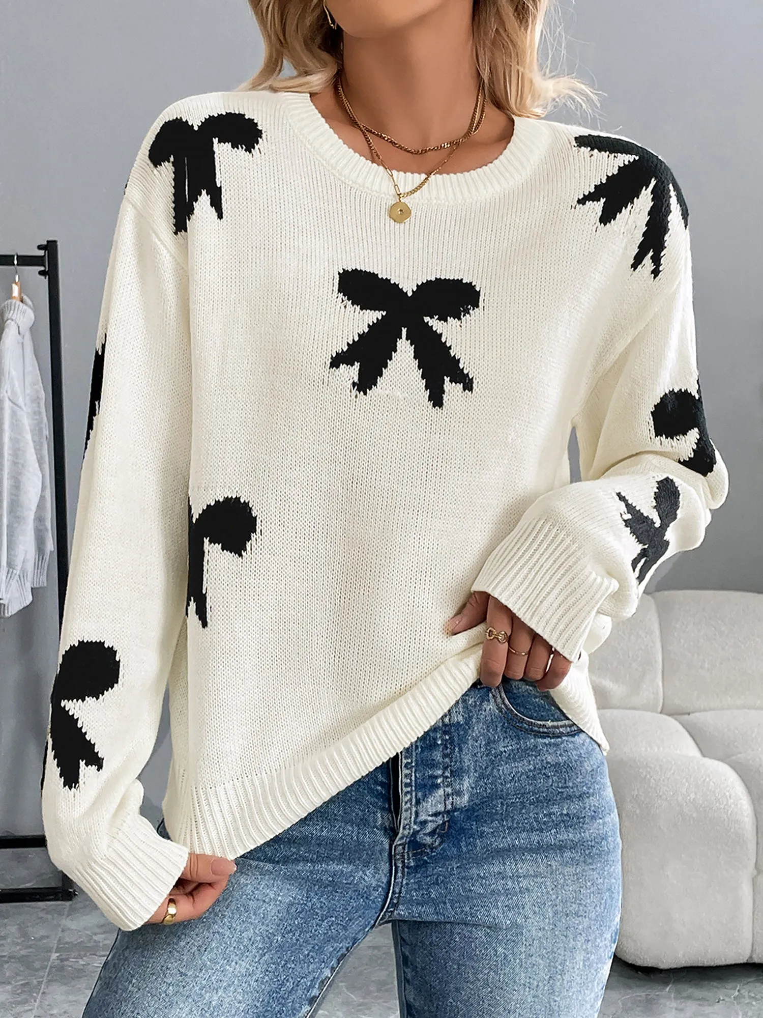 Round Neck Bow Long Sleeves Knitted Sweater sold by Allegra K product image thumbnail 5