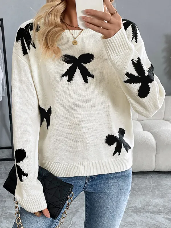 Round Neck Bow Long Sleeves Knitted Sweater sold by Allegra K