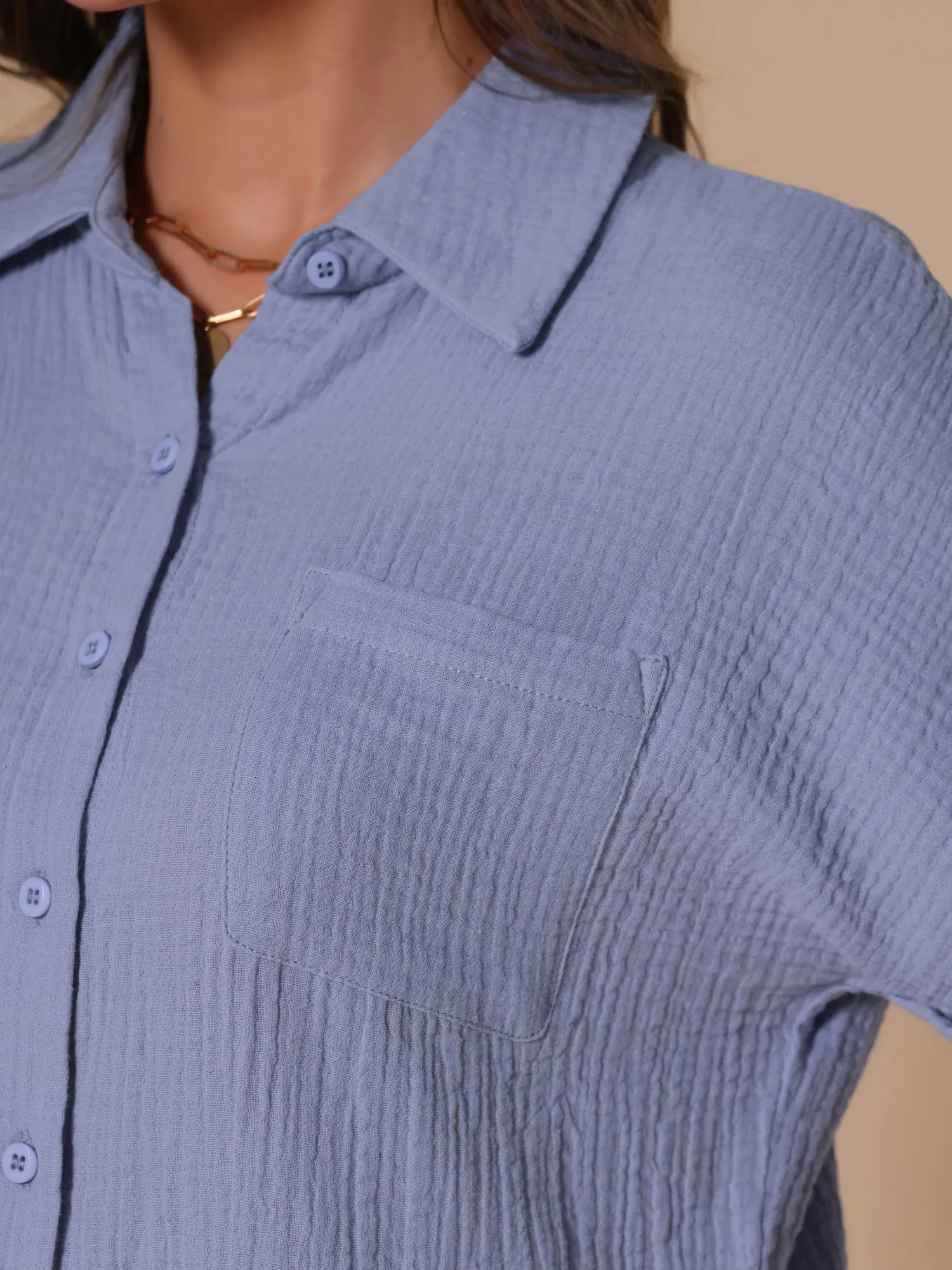 Short Sleeve Button Down Pocketed Textured Blouse sold by Allegra K product image thumbnail 4