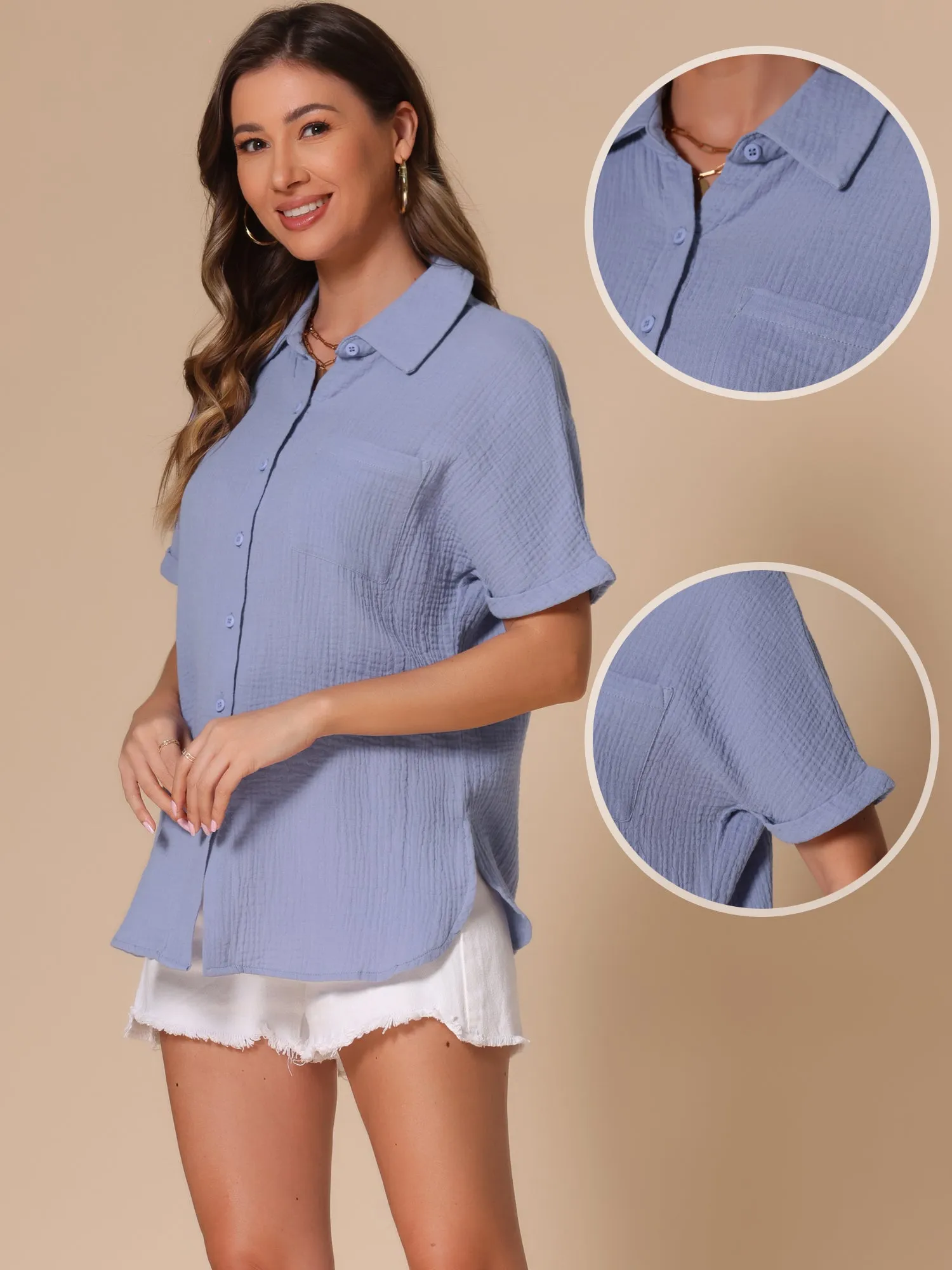 Short Sleeve Button Down Pocketed Textured Blouse sold by Allegra K product image thumbnail 2
