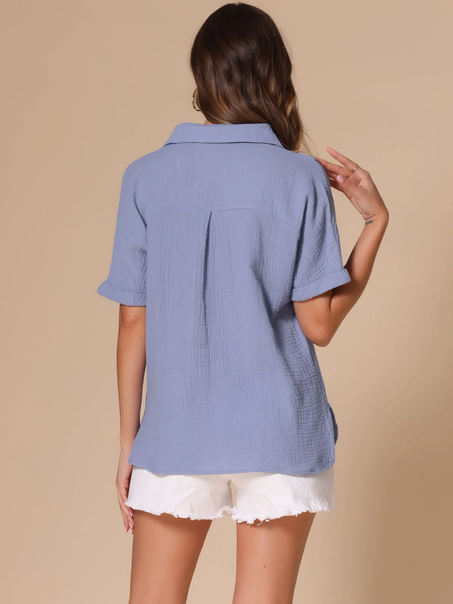 Short Sleeve Button Down Pocketed Textured Blouse sold by Allegra K product image thumbnail 3