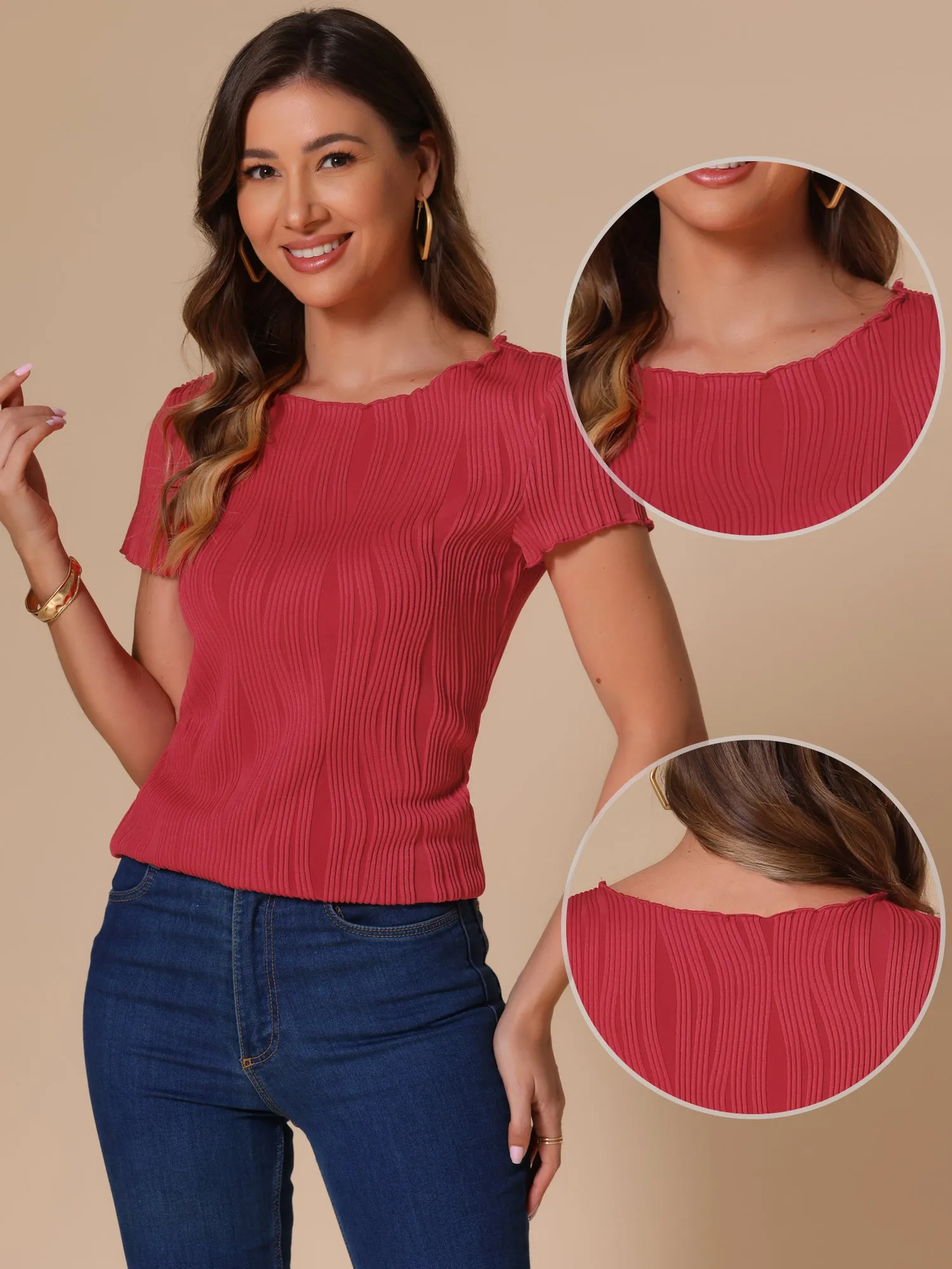 Short Sleeve Round Neck Textured Solid Color Blouse sold by Allegra K